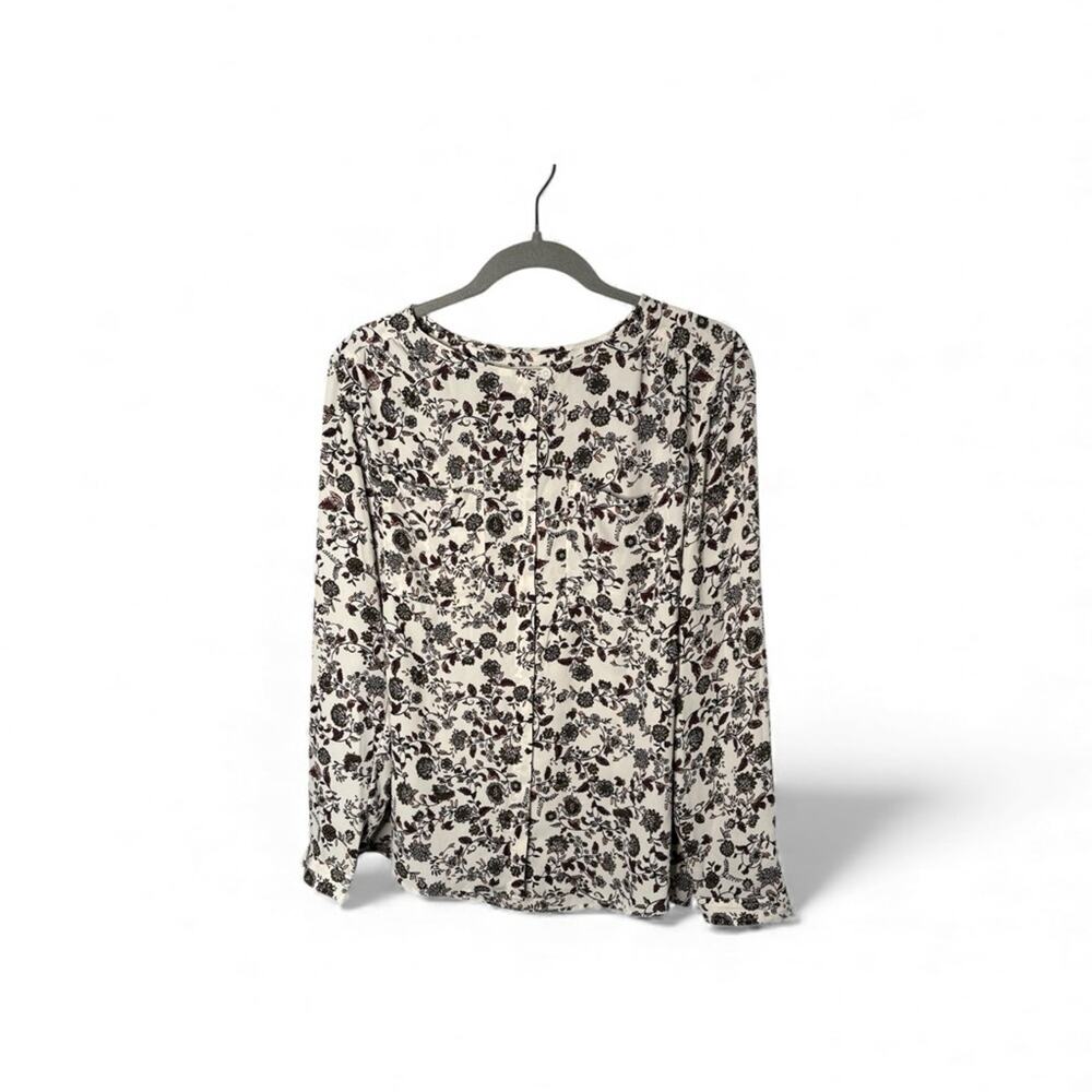 LOFT White Brown Floral Print Blouse Top 2 Pockets Medium